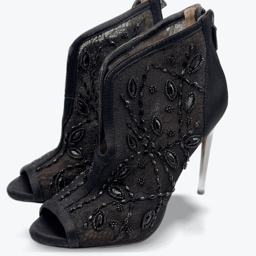 VERO CUOIO Peep Toe Ankle Booties Chrome‎ Stiletto Coquette Lace Beaded Heels 7M